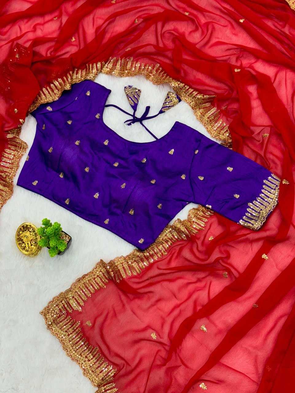 Red Georgette Saree With Golden Tunic Sequence Work
