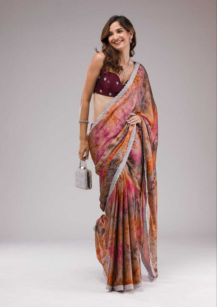 Pure Georgette Saree With Digital Print and C-Pallu Zari Work
