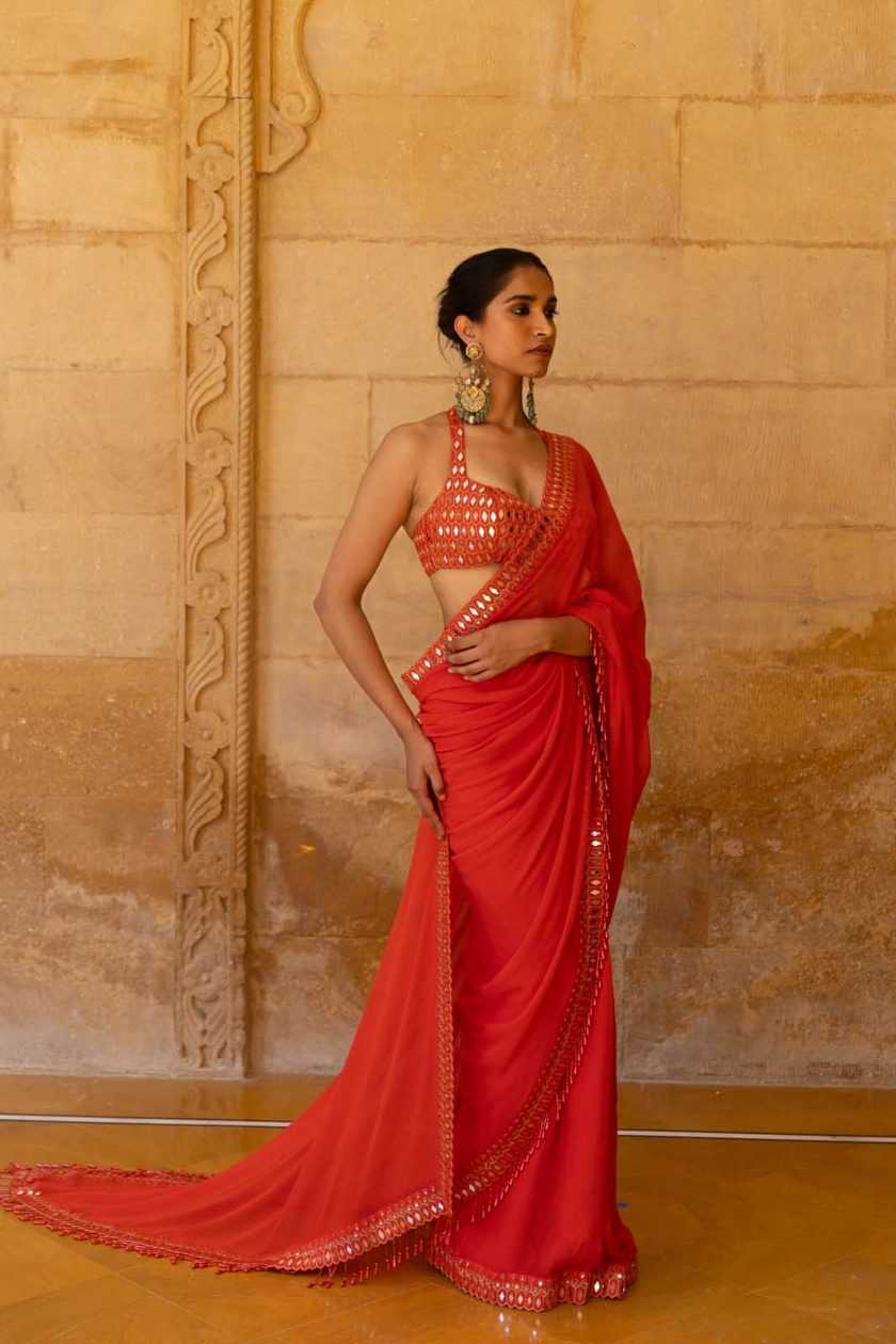 Plain Georgette Saree with Mirror Work