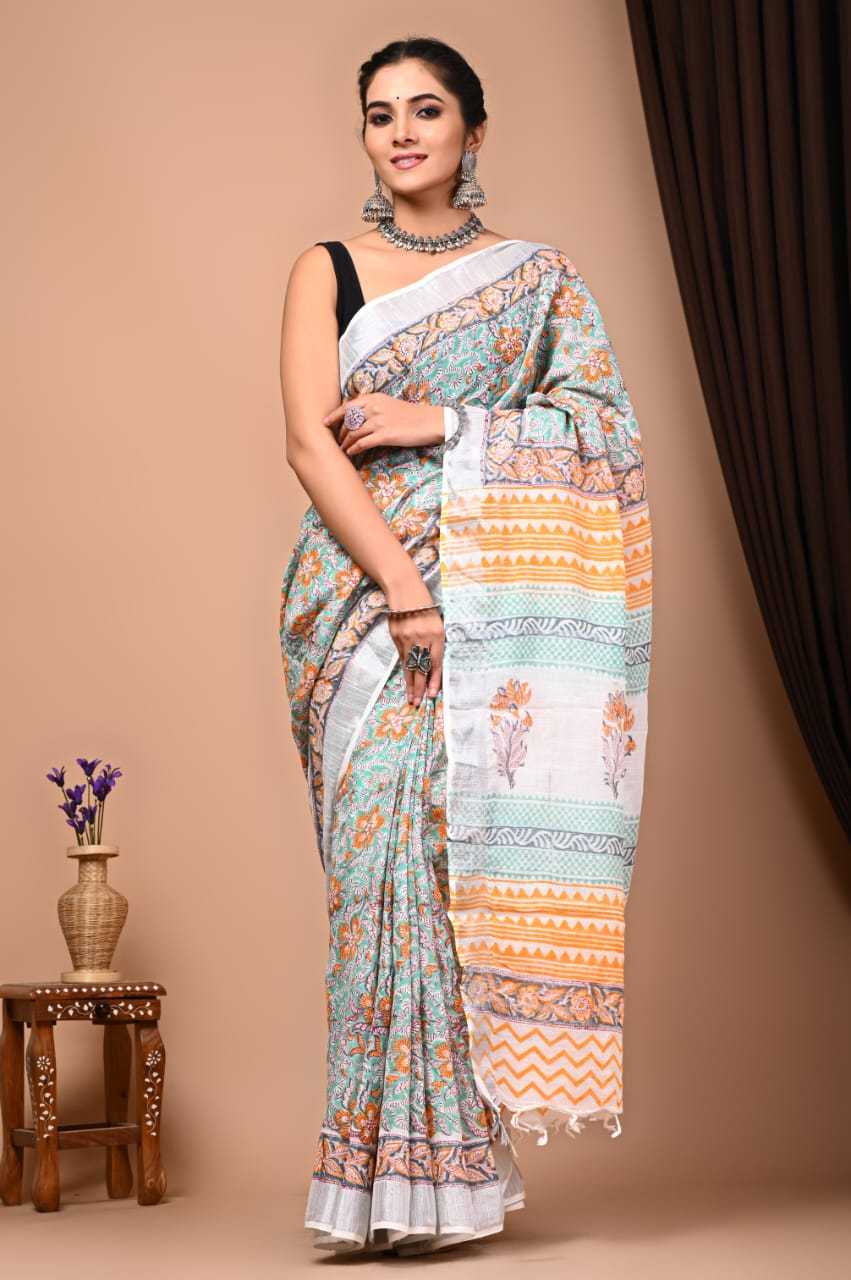 Hand Block Printed Linen Cotton Saree