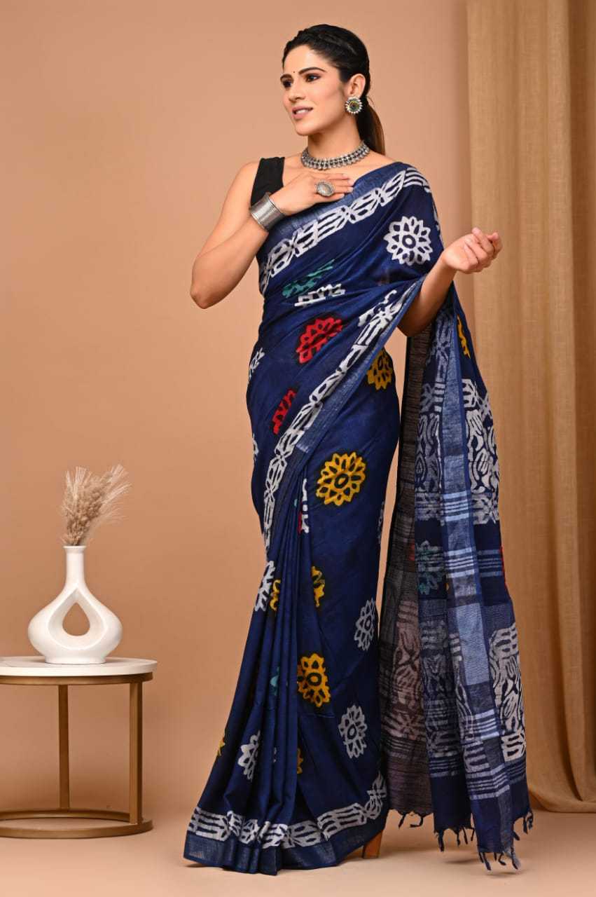 Hand Block Printed Linen Cotton Saree