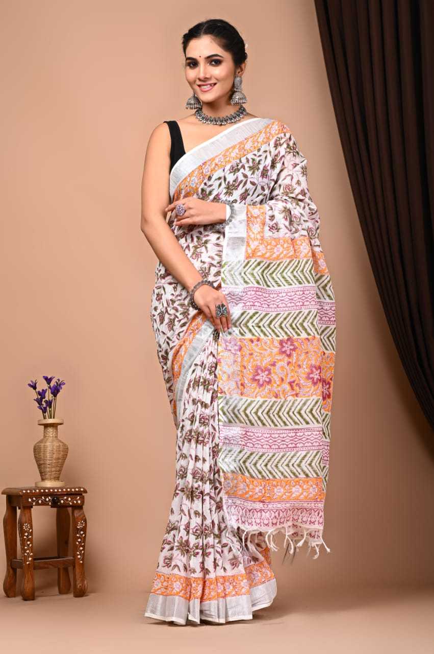 Hand Block Printed Linen Cotton Saree