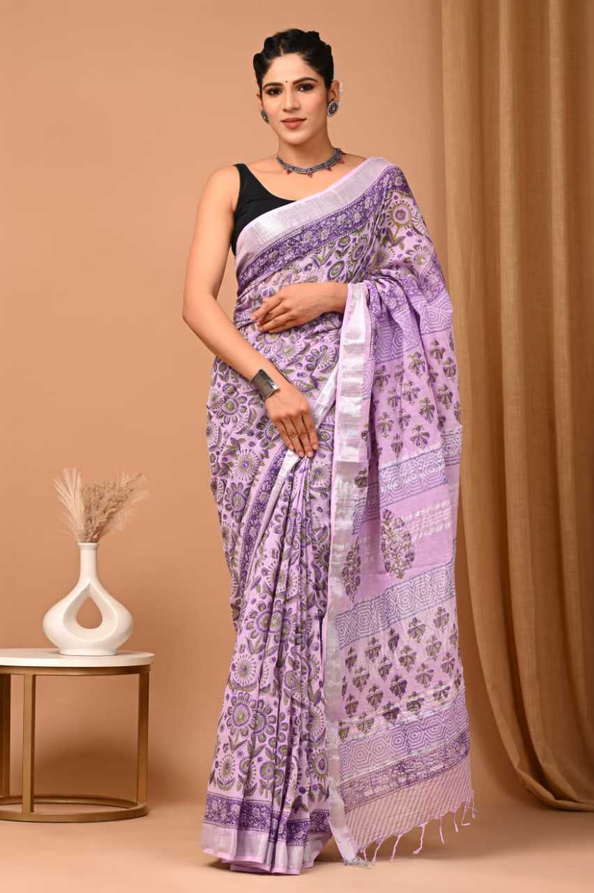Hand Block Printed Linen Cotton Saree
