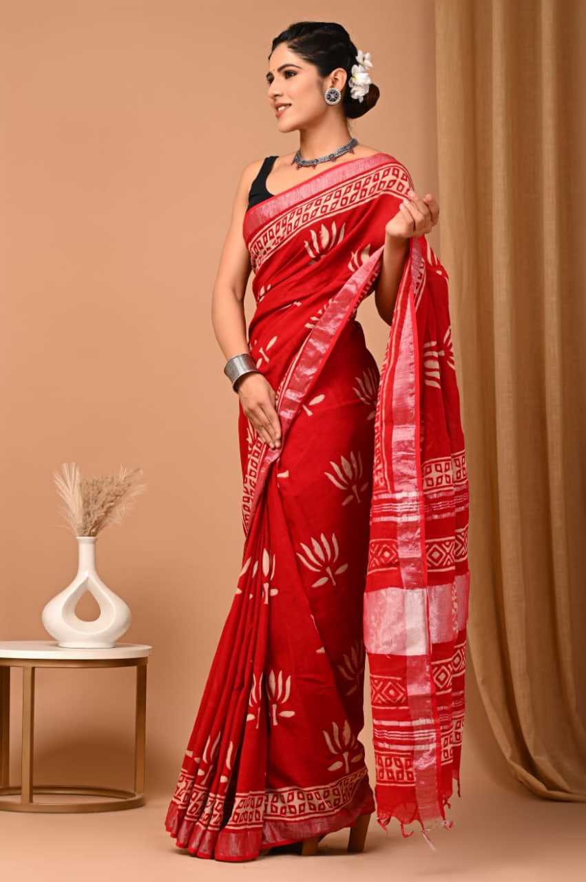 Hand Block Printed Linen Cotton Saree