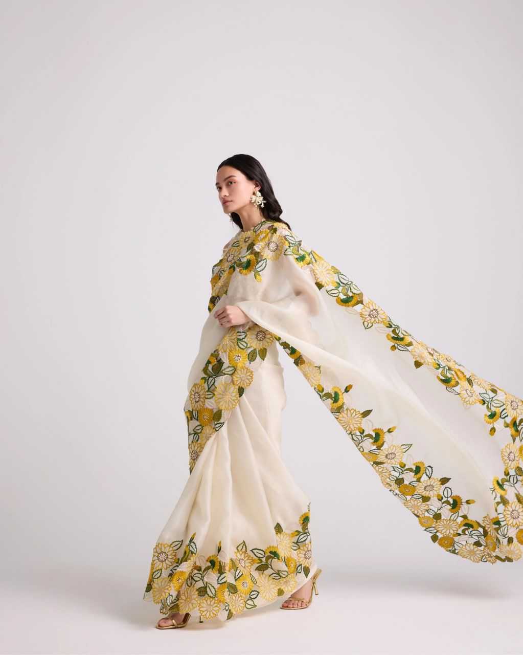Classic White Soft Organza Saree With Embroidered Colourful Floral Thread Work
