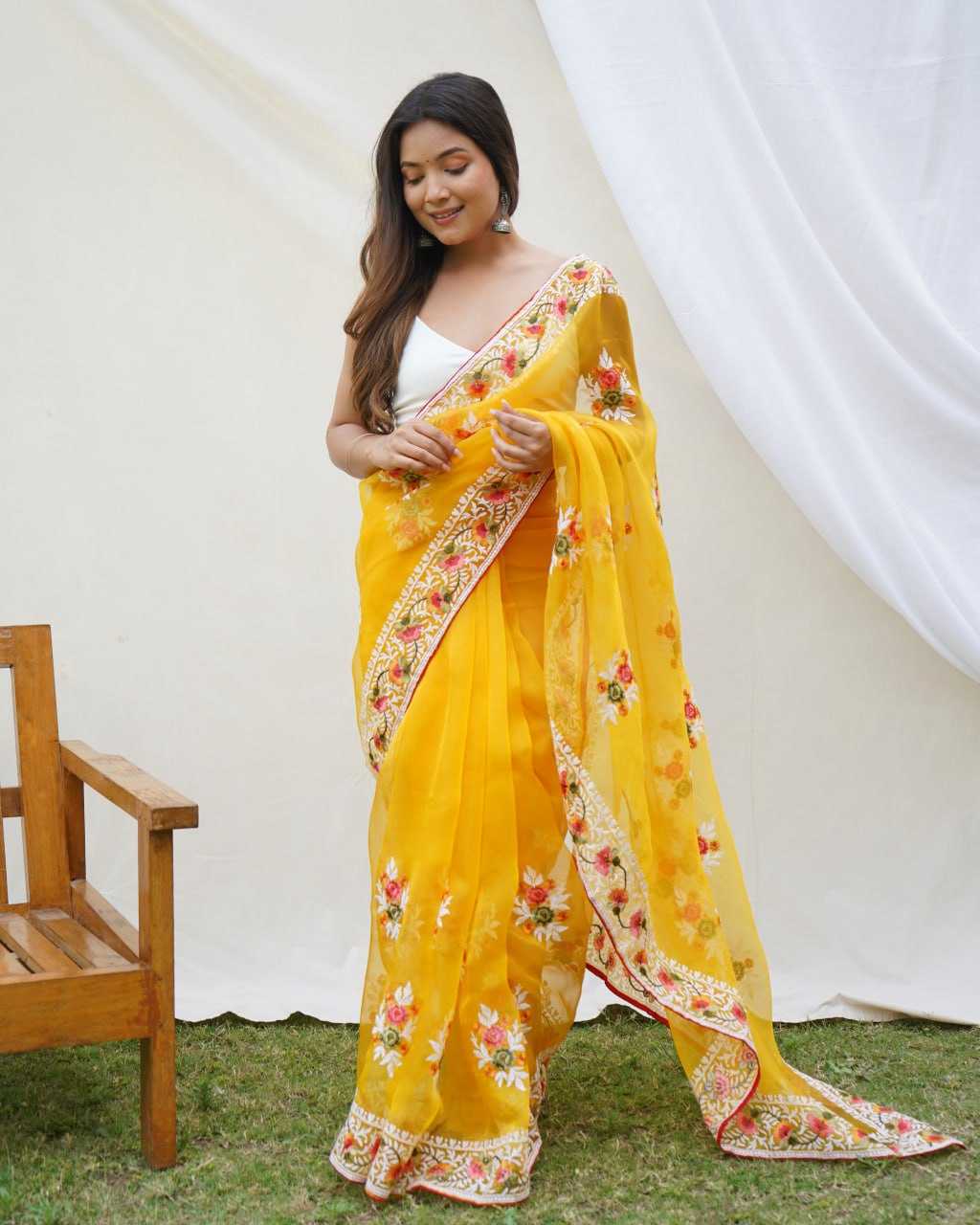Beautiful Organza Saree with Embroidered Flowers All Over