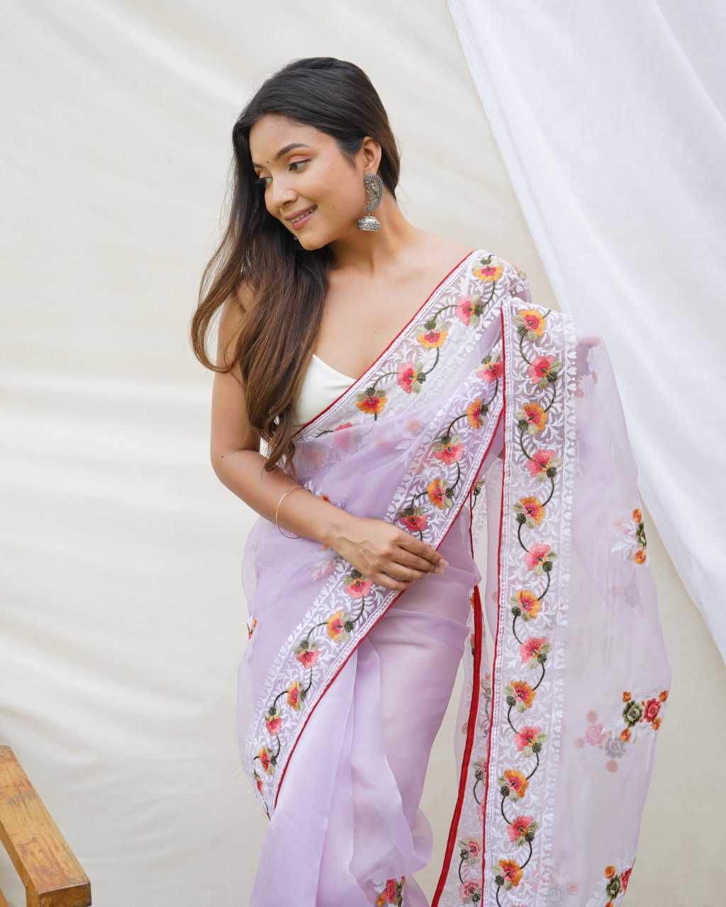 Beautiful Organza Saree with Embroidered Flowers All Over