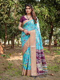 Blue Pure Silk Saree with All Over Print