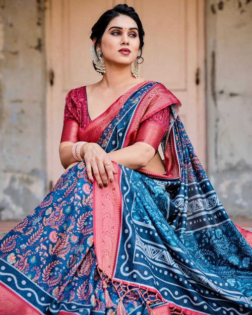 Blue Pure Silk Saree with Print All Over